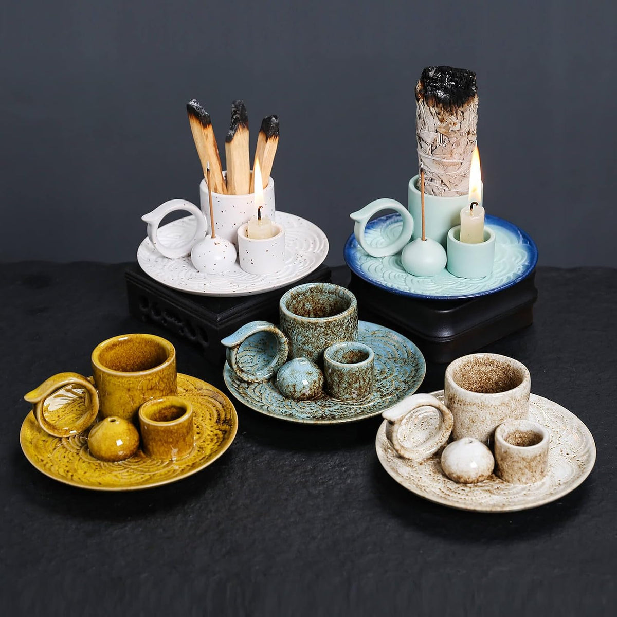 4 in 1 Ceramic Incense Burner Holder with Handle for Burning Sage, Palo Santo Stick, Joss Sticks, Candle in Your New House, Office, Yoga, Meditation Room (Speckled Blue)