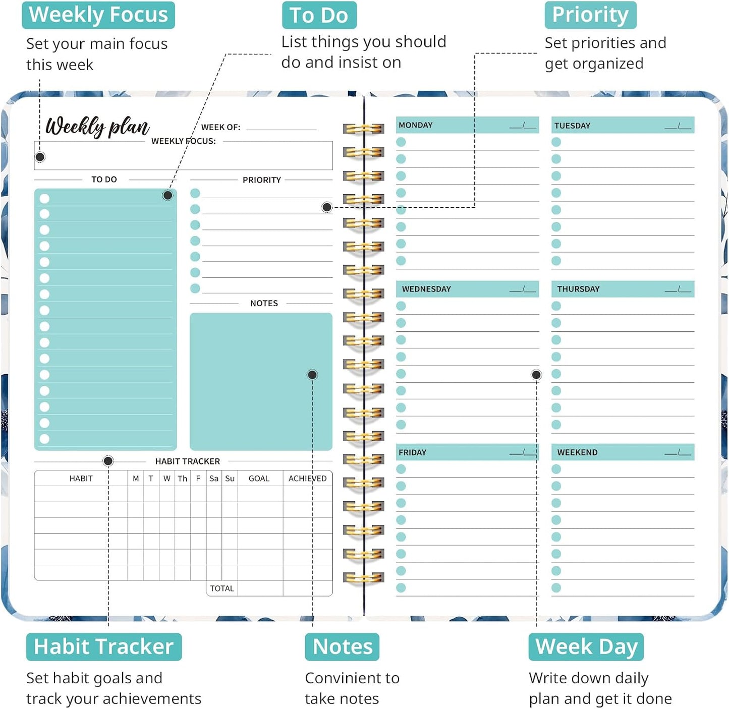 Taja Undated Weekly Planner, Weekly To Do List Notebook with Goal & Habit Tracker Organizer, A5 Weekly Planner Notebook with Spiral Binding, 6.1" x 8.2" - Green