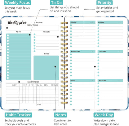 Taja Undated Weekly Planner, Weekly To Do List Notebook with Goal & Habit Tracker Organizer, A5 Weekly Planner Notebook with Spiral Binding, 6.1" x 8.2" - Green