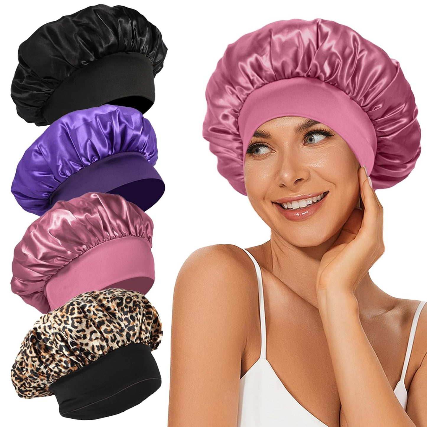 4Pcs Satin Bonnet Silk Bonnet, Hair Bonnet for Sleeping | Elastic Wide Band Silk Sleep Cap, Soft and Breathable, Black Red Purple Gold