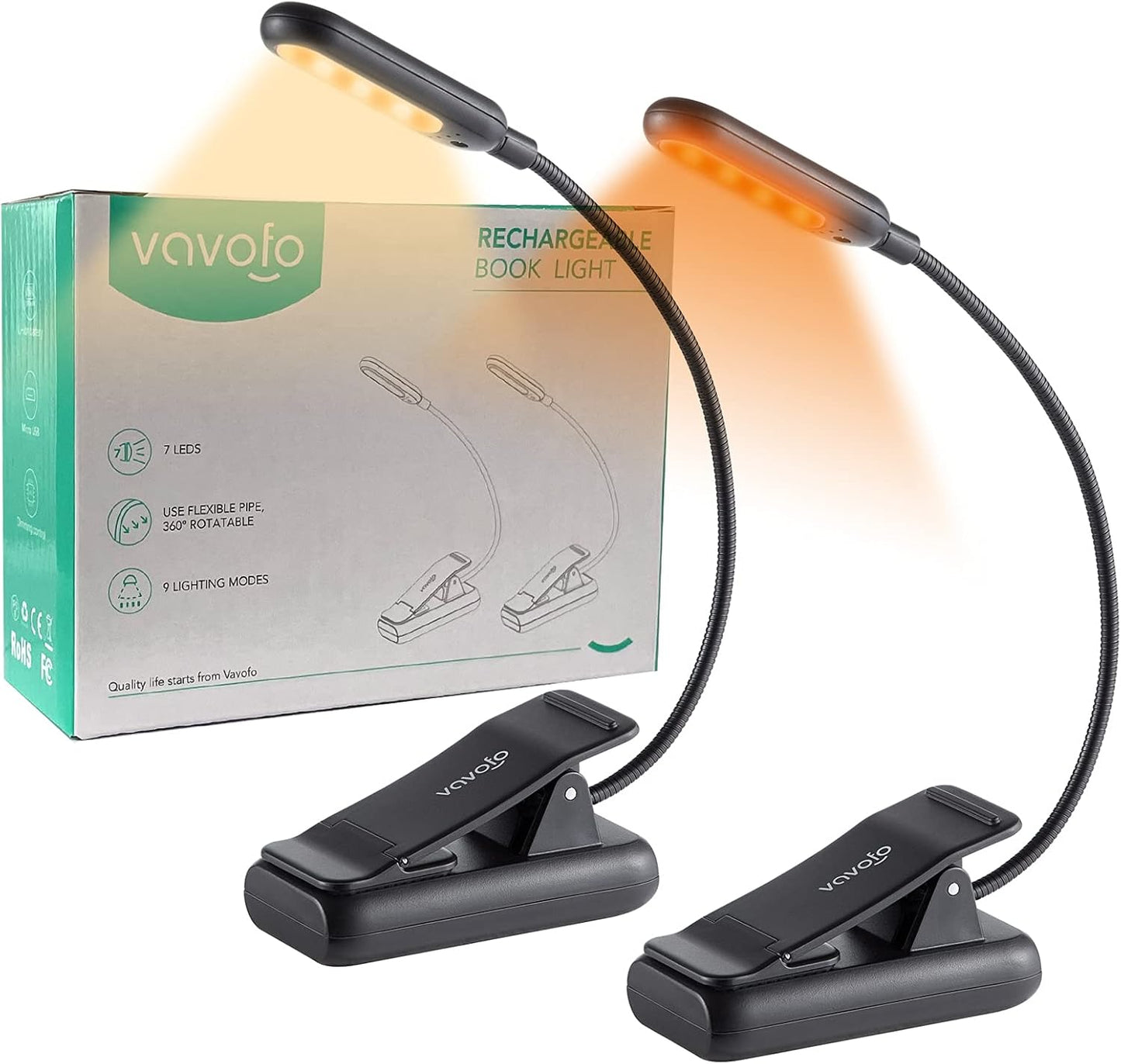 VAVOFO Amber Rechargeable Reading Light, Blue Light Blocking Book Light, 7 LEDs Eye Care 9 Colors 9 Brightness Clip On for Kids Bookworms Reading in Bed with Power Indicator Lasting 70h (Black)