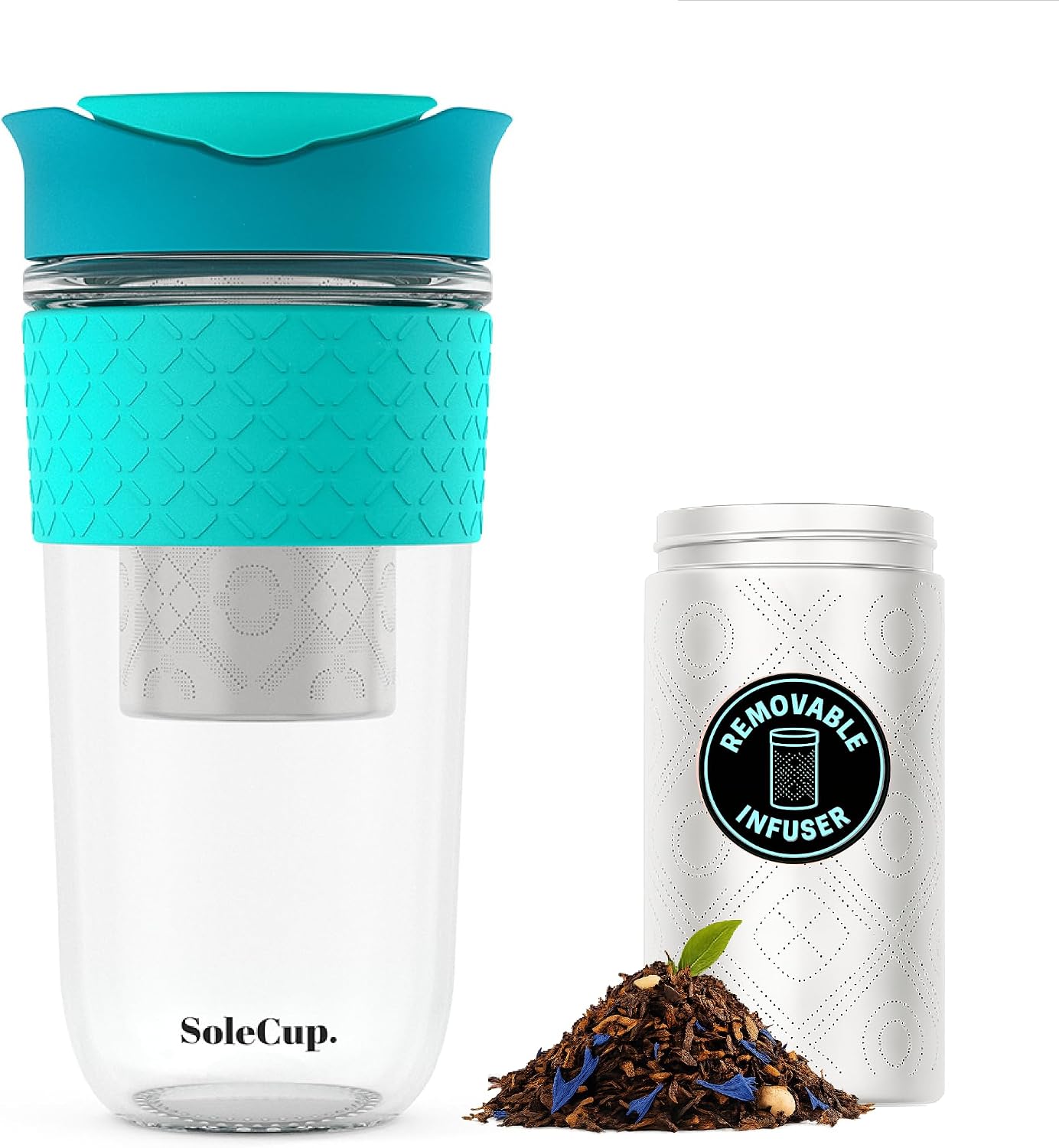 Large Travel Mug Loose Tea Infuser - Detachable Tea Strainer with Spill Proof Lid - 18oz/530ml BPA-Free Reusable Glass Travel Coffee Cup with Silicone Band (Ice Cream, 18oz)