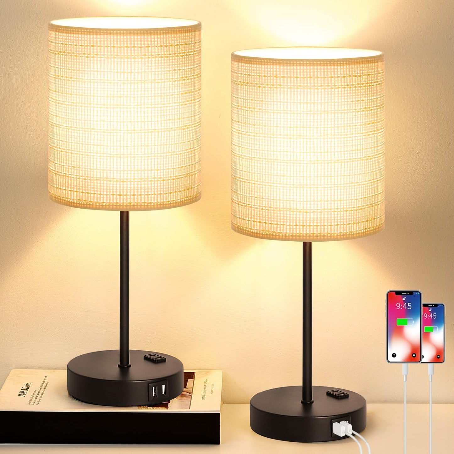 Set of 2 Touch Control Table Lamps with 2 USB & AC Outlet, 3-Way Dimmable Bedside Nightstand Lamps for Bedroom Living Room Nursery, 800 Lumens 5000K Daylight Bulbs Included