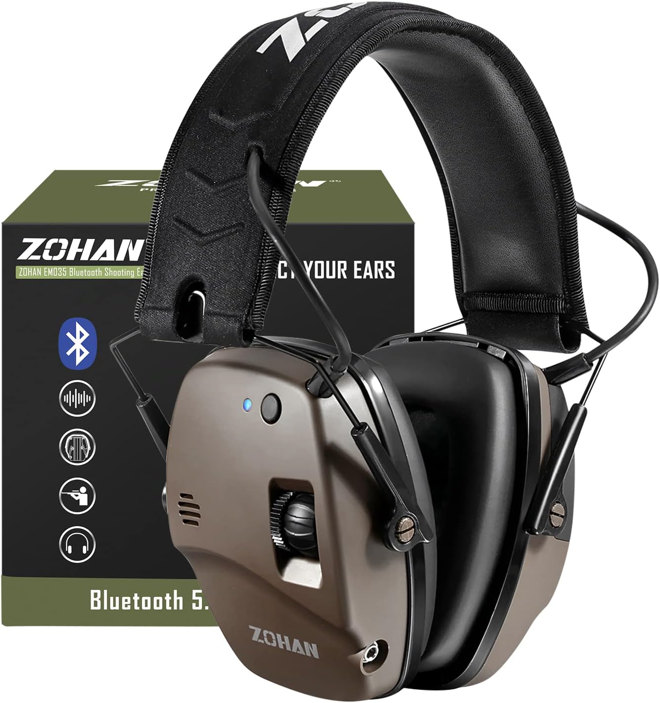 ZOHAN 035 Bluetooth 6.0 Shooting Ear Protection Earmuff, Active Noise Canceling, Hearing Protection with Sound Amplification (Green Bluetooth)