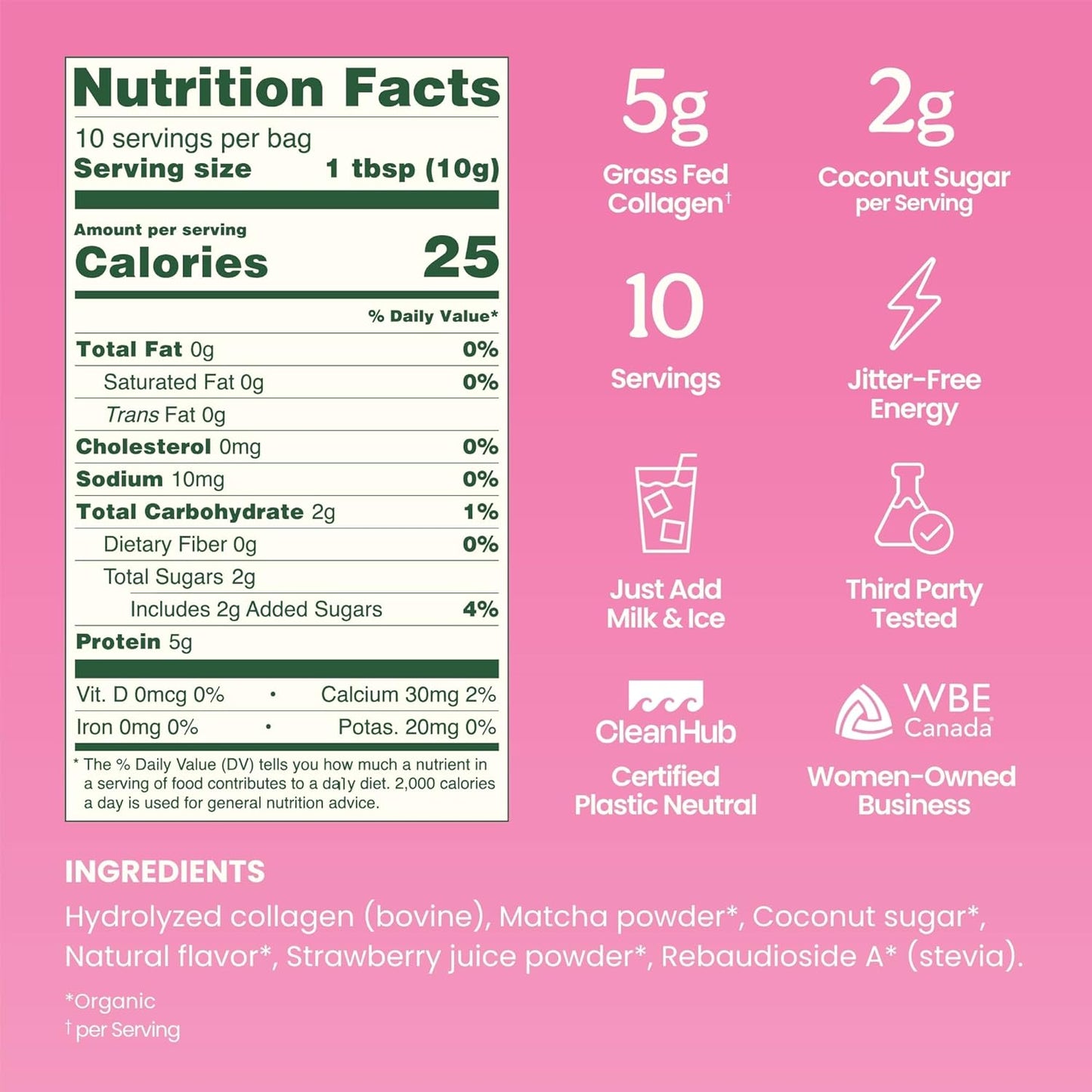 NEW Blume Iced Strawberry Matcha Latte with Collagen – Organic Japanese Matcha Green Tea Powder, Grass-Fed Collagen Peptides, Matcha Powder Latte Drink Mix, only 2g Organic Coconut Sugar, 10 Servings