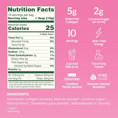 NEW Blume Iced Strawberry Matcha Latte with Collagen – Organic Japanese Matcha Green Tea Powder, Grass-Fed Collagen Peptides, Matcha Powder Latte Drink Mix, only 2g Organic Coconut Sugar, 10 Servings