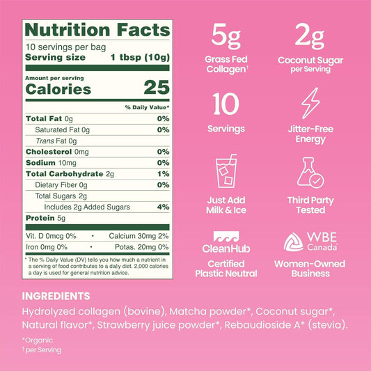 NEW Blume Iced Strawberry Matcha Latte with Collagen – Organic Japanese Matcha Green Tea Powder, Grass-Fed Collagen Peptides, Matcha Powder Latte Drink Mix, only 2g Organic Coconut Sugar, 10 Servings