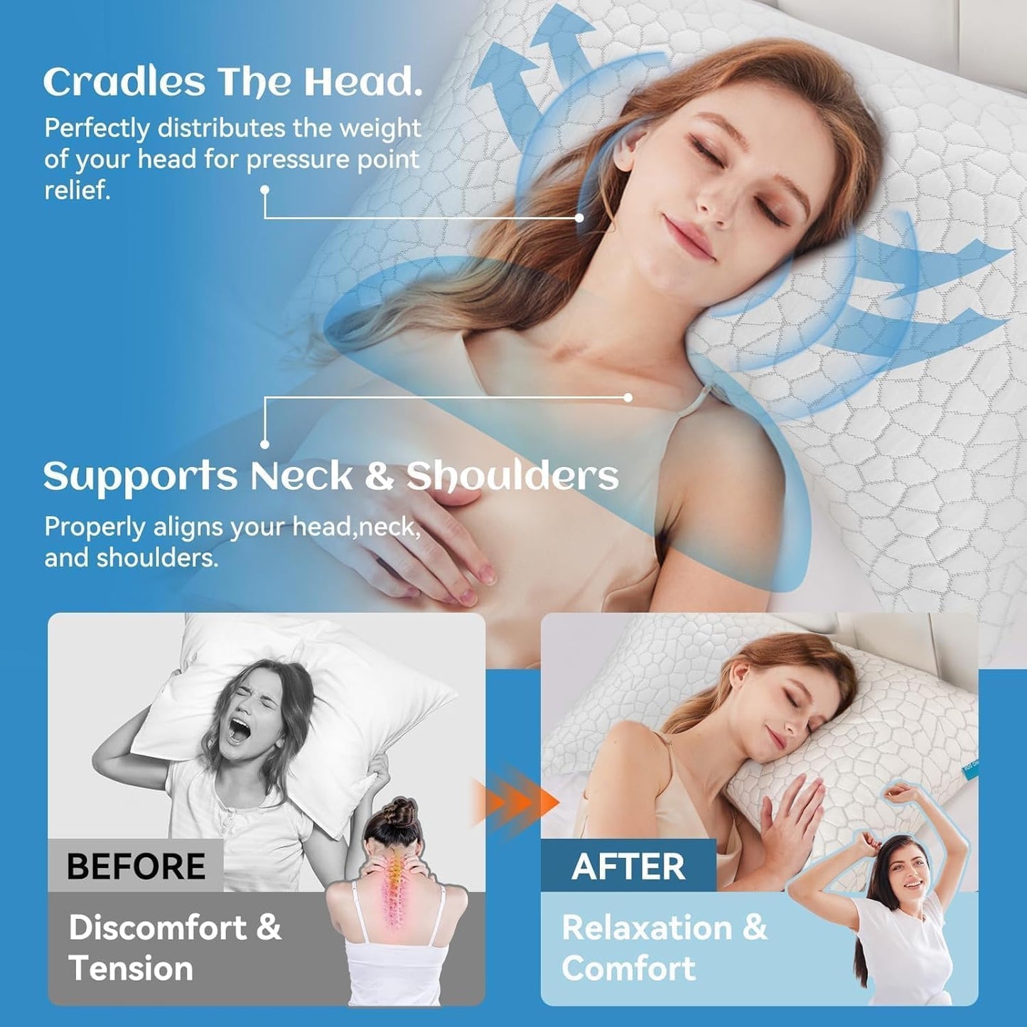 SUPA MODERN Cooling Pillow Queen Size Set of 2, CertiPUR-US Shredded Memory Foam Pillows for Sleeping, Cool Bed Pillows for Hot Sleepers, Adjustable Firm Pillow for Side,Back,Stomach Sleepers