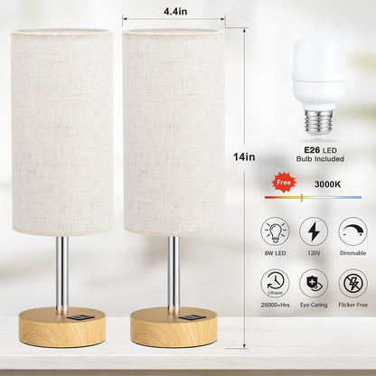 Dicoool Touch Bedside Table Lamp with USB - 3 Way Dimmable Wood Lamp for Bedroom Nightstand, Desk Lamp with Charging Station for Dorm, Living Room, Office, Kids Room, Small, 14in