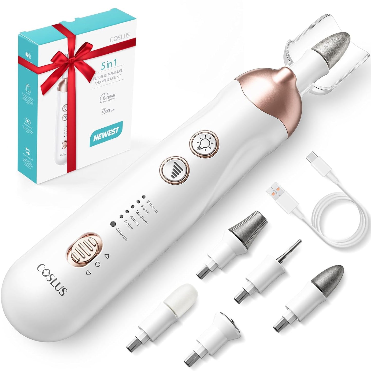 COSLUS C43 Professional Manicure Pedicure Kit, 5-in-1 Electric Nail File for Toenail Hand Feet, Basic & Thick Nails Care, Cordless, 5 Speeds, for Men Women Seniors Home Salon, Wider Grinder, White