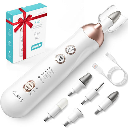 COSLUS C43 Professional Manicure Pedicure Kit, 5-in-1 Electric Nail File for Toenail Hand Feet, Basic & Thick Nails Care, Cordless, 5 Speeds, for Men Women Seniors Home Salon, Wider Grinder, White