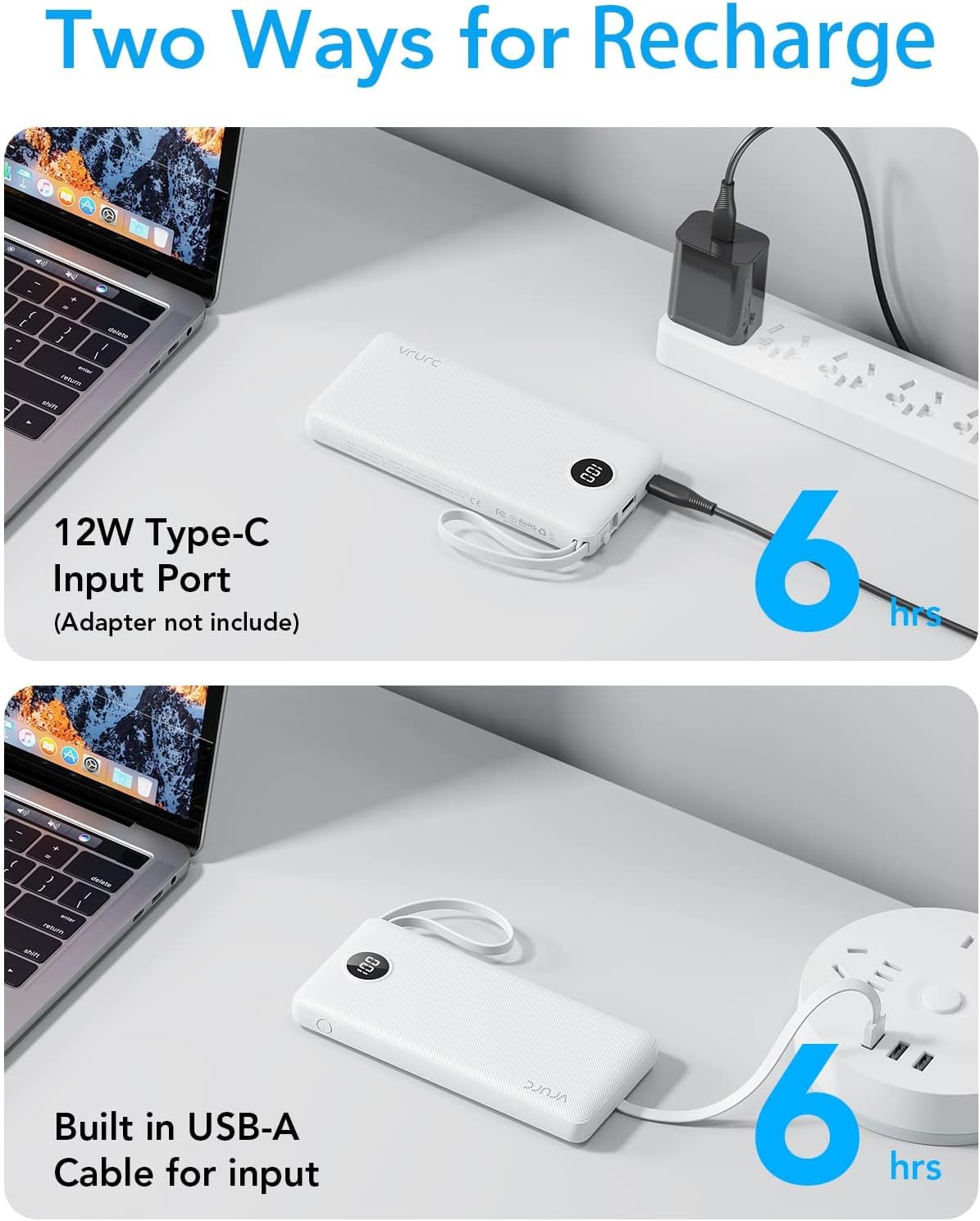 VRURC Portable Charger, Slim Power Bank Built-in 4 Cables, Travel Essential