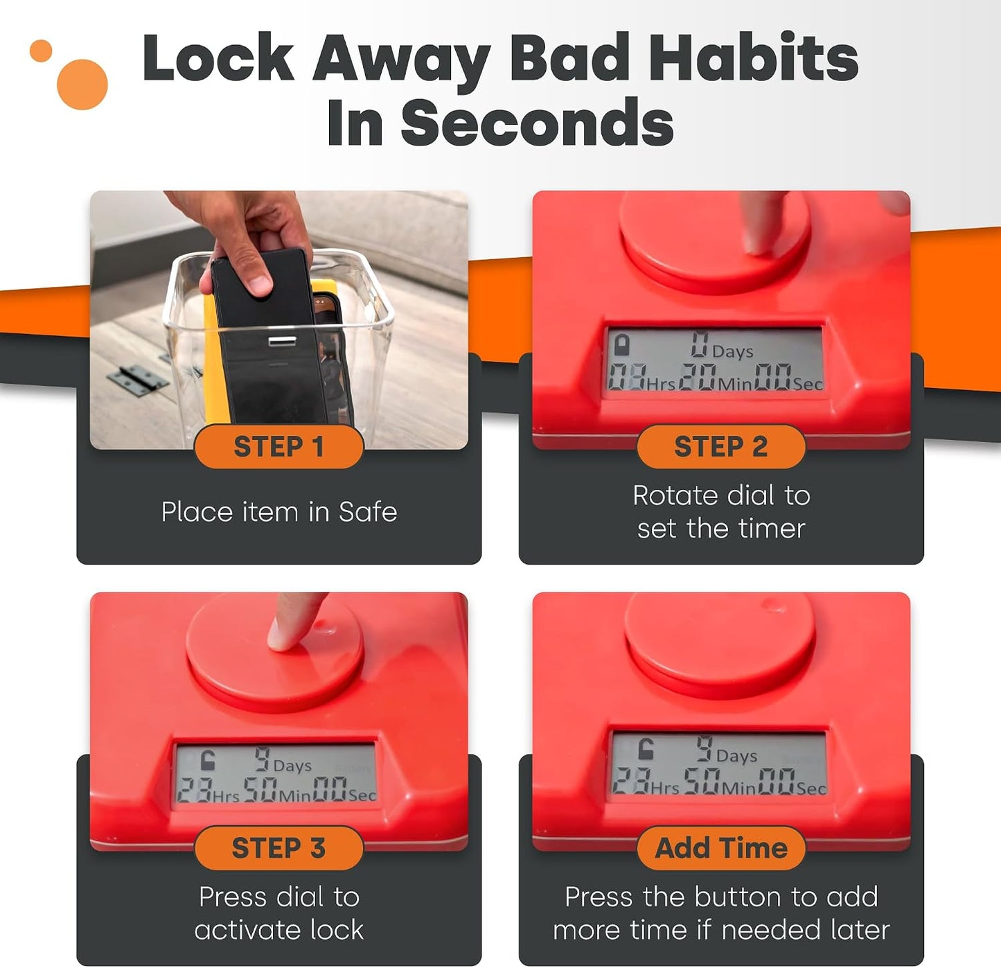 K-Safe Time Locking Container (Medium), Timed Lock Box for Cell Phones, Snacks, and other Unwanted temptations (White Lid + White Base, with Access Port)
