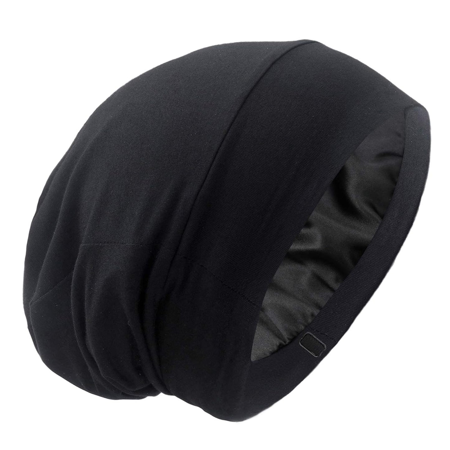 Silk Satin Lined Bonnet Sleep Cap - Adjustable Stay on All Night Hair Wrap Cover Slouchy Beanie for Curly Protection Women and Men Solid Black