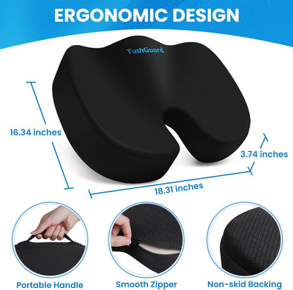 TushGuard Seat Cushion for Office Chair Memory Foam Non-Slip Cushion Back, Relief Chair Pad, Butt Pillow for Office Chair, Car, Computer Desk, Black