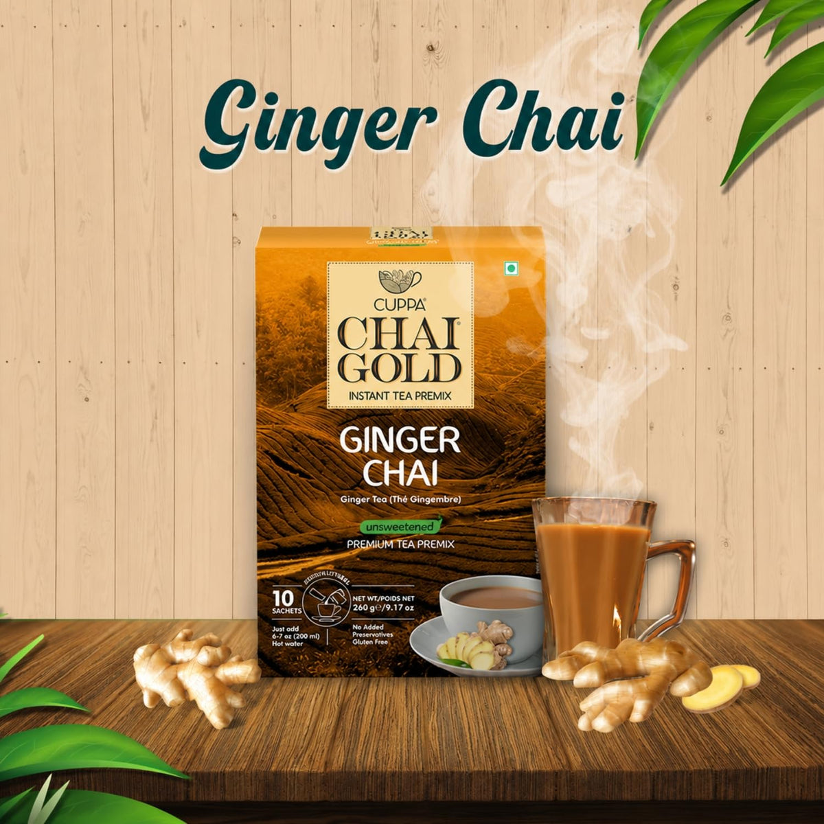 Cuppa Chai Gold Cardamom Chai Instant Tea Premix Unsweetened, No Added Sugar, Rich Cardamom Flavor Tea Beverage Mix, Just Add Hot Water, Convenient Single-Serve Sachets for Home, Office & Travel, Pack of 1 (10 Count)