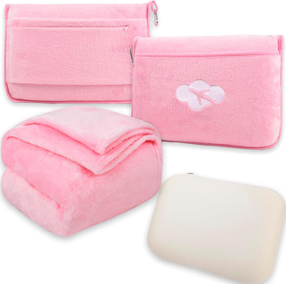 Blanket Pillow for Airplane Travel Essentials -3 In 1 Plane Travel Set Pink