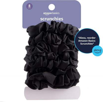 Amazon Basics Satin Scrunchies – No Crease, No Damage Hair Ties – Frizz Free, Gentle, Stylish Scrunchies. Black, 8 Count, For Thin and Normal Hair