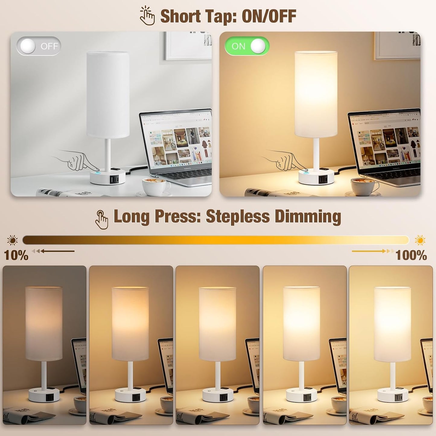 Touch Bedside Table Lamp with Memory - Stepless Dimmable Lamp for Bedroom, Small Nightstand Lamp with Dual USB Charging Ports and AC Outlet, Wood Night Light, Desk Lamp for Nursery, Living Room, Dorm