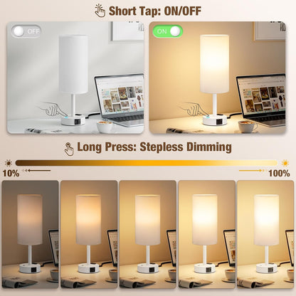 Touch Bedside Table Lamp with Memory - Stepless Dimmable Lamp for Bedroom, Small Nightstand Lamp with Dual USB Charging Ports and AC Outlet, Wood Night Light, Desk Lamp for Nursery, Living Room, Dorm