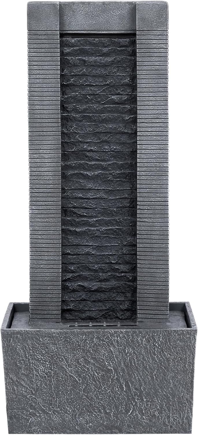 Teamson Home 38.58 in. Modern Curved Faux Slate Waterfall Fountain for Indoors or Outdoors with LED Light Accents and 1.98-Gallon Pump, Black and Stone Gray | Freestanding Floor Garden Waterfall, LED Lights, Weatherproof Polyresin, For Patio & Yard