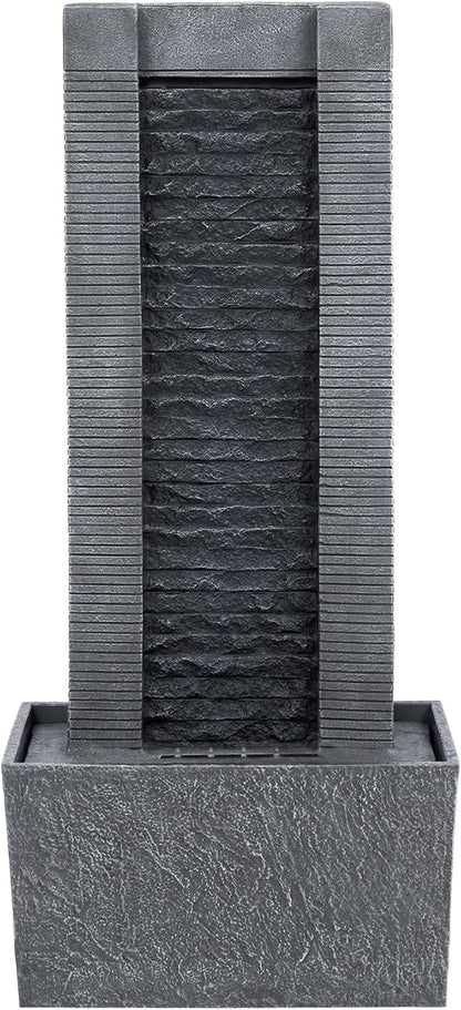 Teamson Home 38.58 in. Modern Curved Faux Slate Waterfall Fountain for Indoors or Outdoors with LED Light Accents and 1.98-Gallon Pump, Black and Stone Gray | Freestanding Floor Garden Waterfall, LED Lights, Weatherproof Polyresin, For Patio & Yard