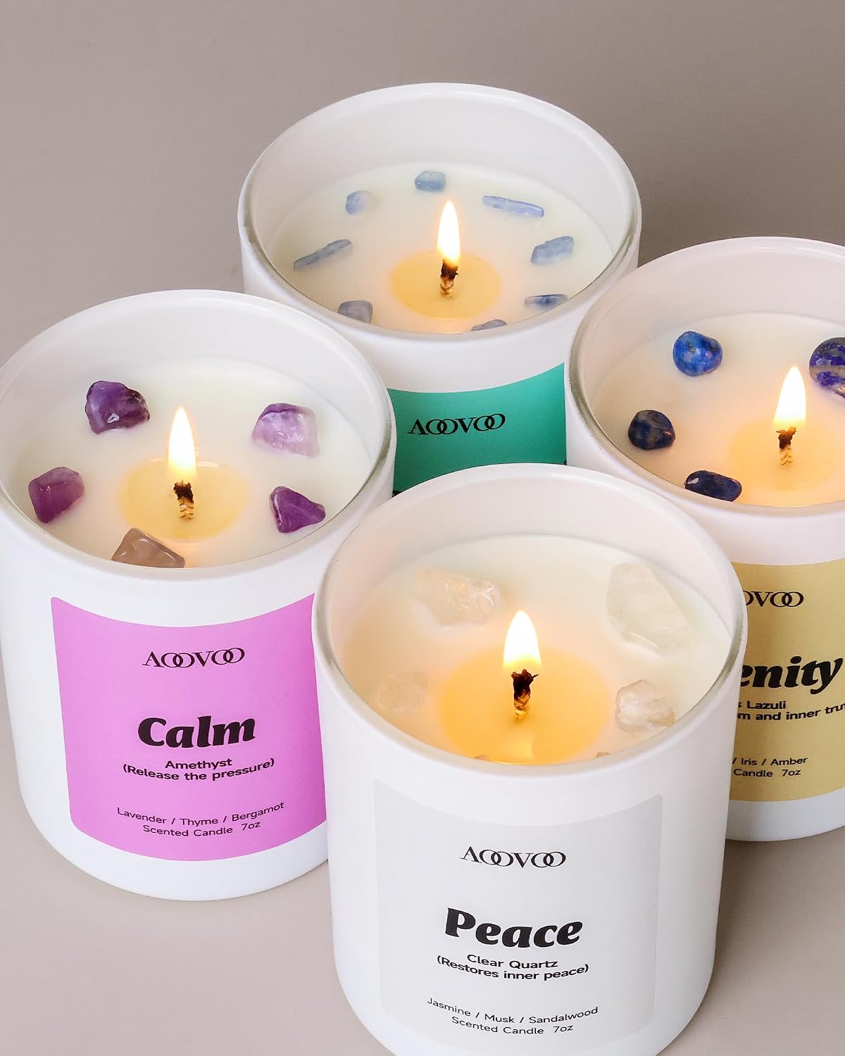 AOOVOO Calm Candles Set for Women - 4 Pack Candles for Home Scented, 28 oz 200 Hour Burn, Aromatherapy Candle with Crystals, Lavender Calm/Jasmine Serenity/Water Lily Pear Harmony/Patchouli Balance