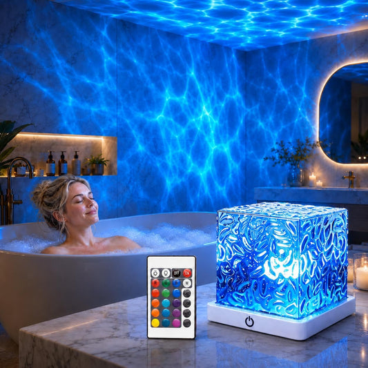 Rechargeable Ocean Wave Projector Light, 16 Color Changeable & Dimmable Shower Lamp with Remote, Cube Mood Ambient Lighting, Ocean Room Decor, Cordless Night Light for Bathroom, Room Decor