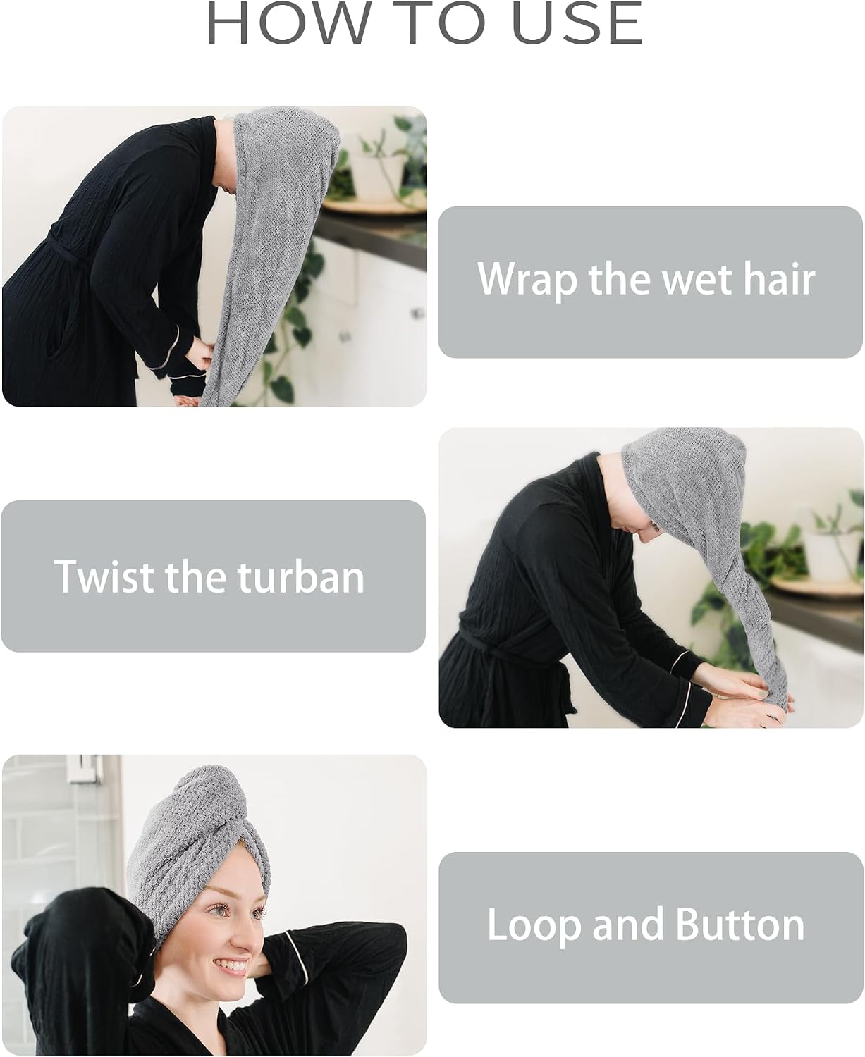ROLSHOL Extra Large 4 Pack Microfiber Hair Towel Wrap for Women Super Absorbent & Quick Dry Hair Drying Towels with Button, Hair Turbans for Curly Hair Long & Short Hair - Anti-Frizz
