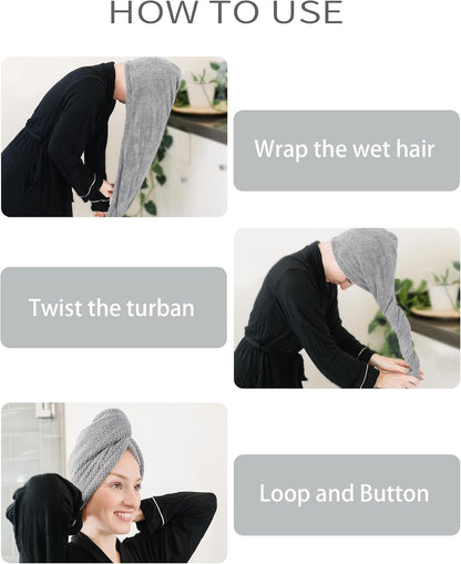 ROLSHOL Extra Large 4 Pack Microfiber Hair Towel Wrap for Women Super Absorbent & Quick Dry Hair Drying Towels with Button, Hair Turbans for Curly Hair Long & Short Hair - Anti-Frizz