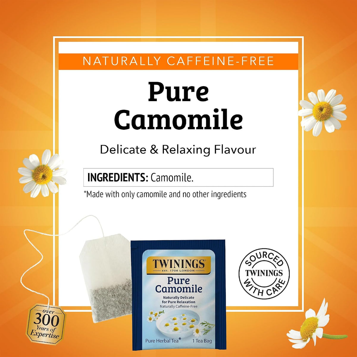 Twinings Pure Camomile Herbal Tea individually Wrapped Bags, 50 Count (Pack of 6), Naturally Caffeine-Free, Enjoy Hot or Iced, 300 Teabags