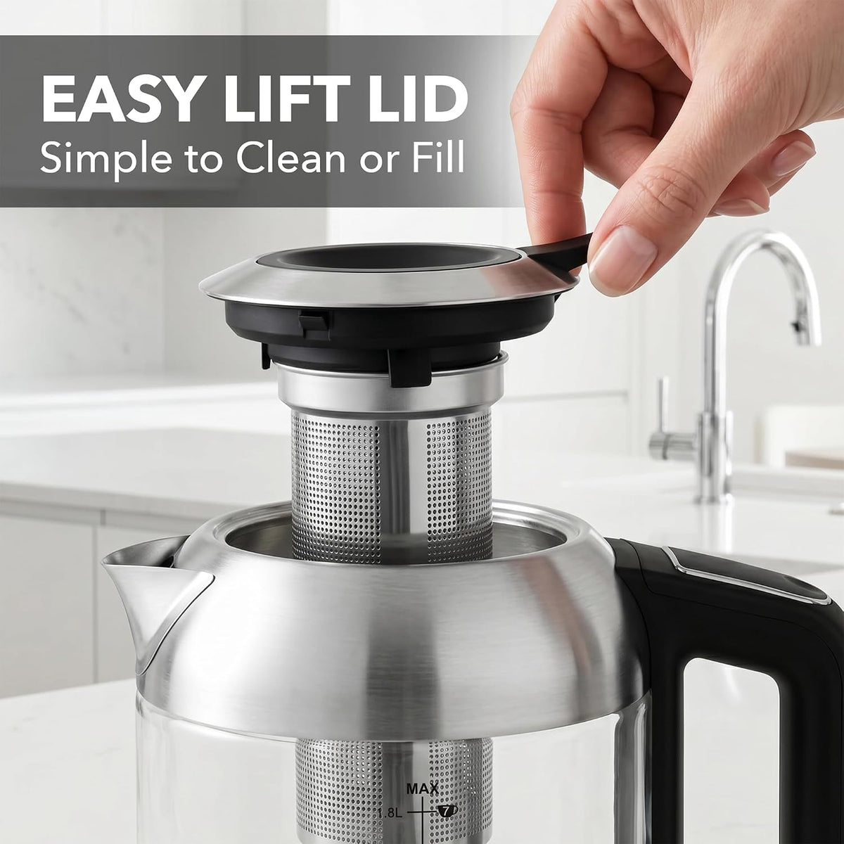 OVENTE 1.8L Glass Electric Kettle with Tea Infuser, Silver KGD752S