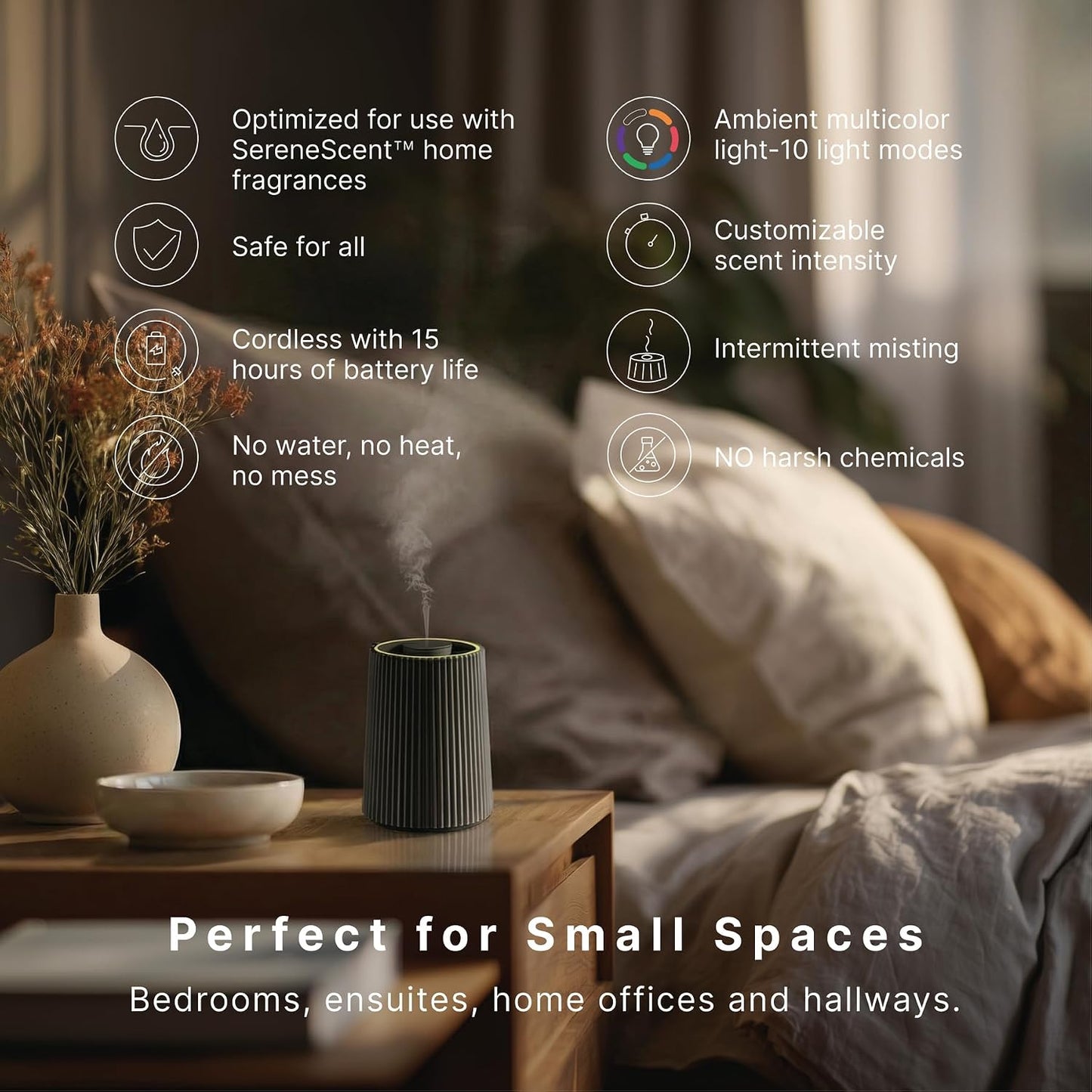 Homedics Waterless Essential Oil Diffuser with 15ml Vanilla Cedarwood Fragrance Oil. SereneScent Cordless Cold Air Scent Diffuser Starter Kit with Ambient Light, Studio 671 (White)