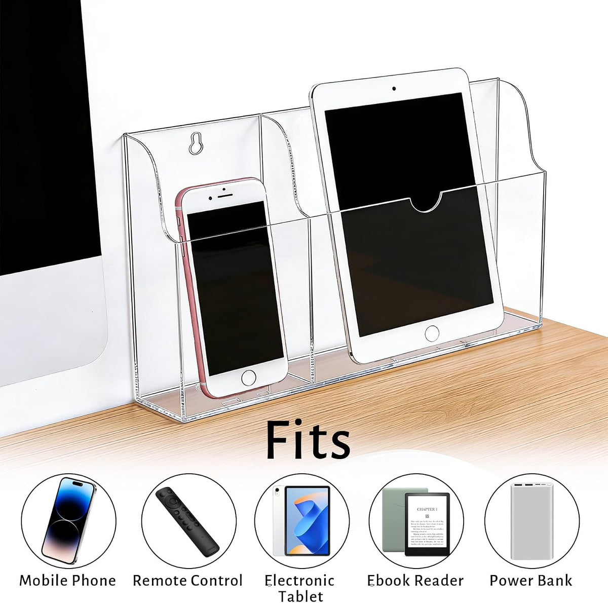 Acrylic Wall Mounted Phone Holder, Tablet Wall Mount with Charging Holes, 2 Slots Wall Remote Control Holder for iPad Kindle Laptop, Clear