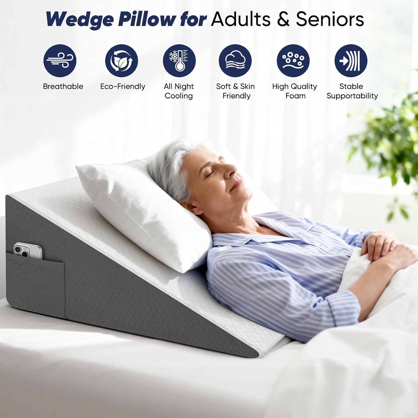 Bed Wedge Pillow for Sleeping & Resting, 8 inch Incline Pillow Wedge for Adults Seniors, Back Support and Leg Elevation, Cooling Memory Foam Top, Ideal for Couch, Bedroom & Living Room