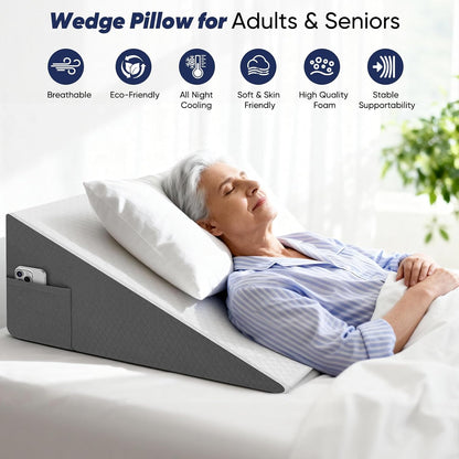 Bed Wedge Pillow for Sleeping & Resting, 8 inch Incline Pillow Wedge for Adults Seniors, Back Support and Leg Elevation, Cooling Memory Foam Top, Ideal for Couch, Bedroom & Living Room