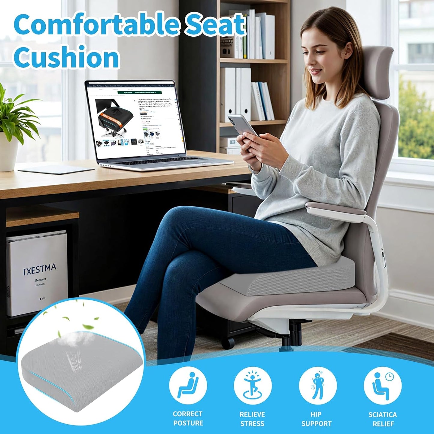 TranquilRelax Large Seat Cushion, Memory Foam Cushion for Long Sitting Hours on Office Chair, Car Seat, Non-Slip Chair Pad for Sciatica, Coccyx, Tailbone Pain Relief & Post-Surgery Recovery (Black)