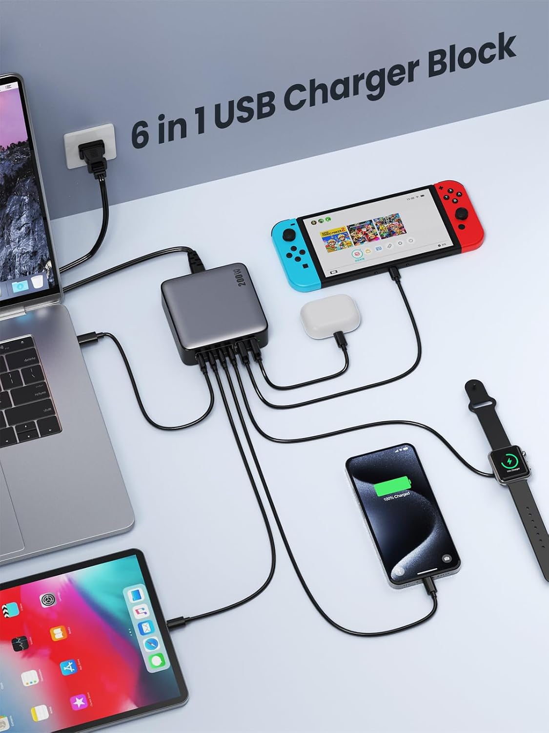 USB C Charger 200W USB C Charger Block,Upgraded GaN III 8-Port Fast Charging Station Hub,PD 65W Laptop Charging Adapter Compatible with MacBook Pro/Air,DELL,Steam Deck,iPhone 16/15/14,Galaxy S23/22