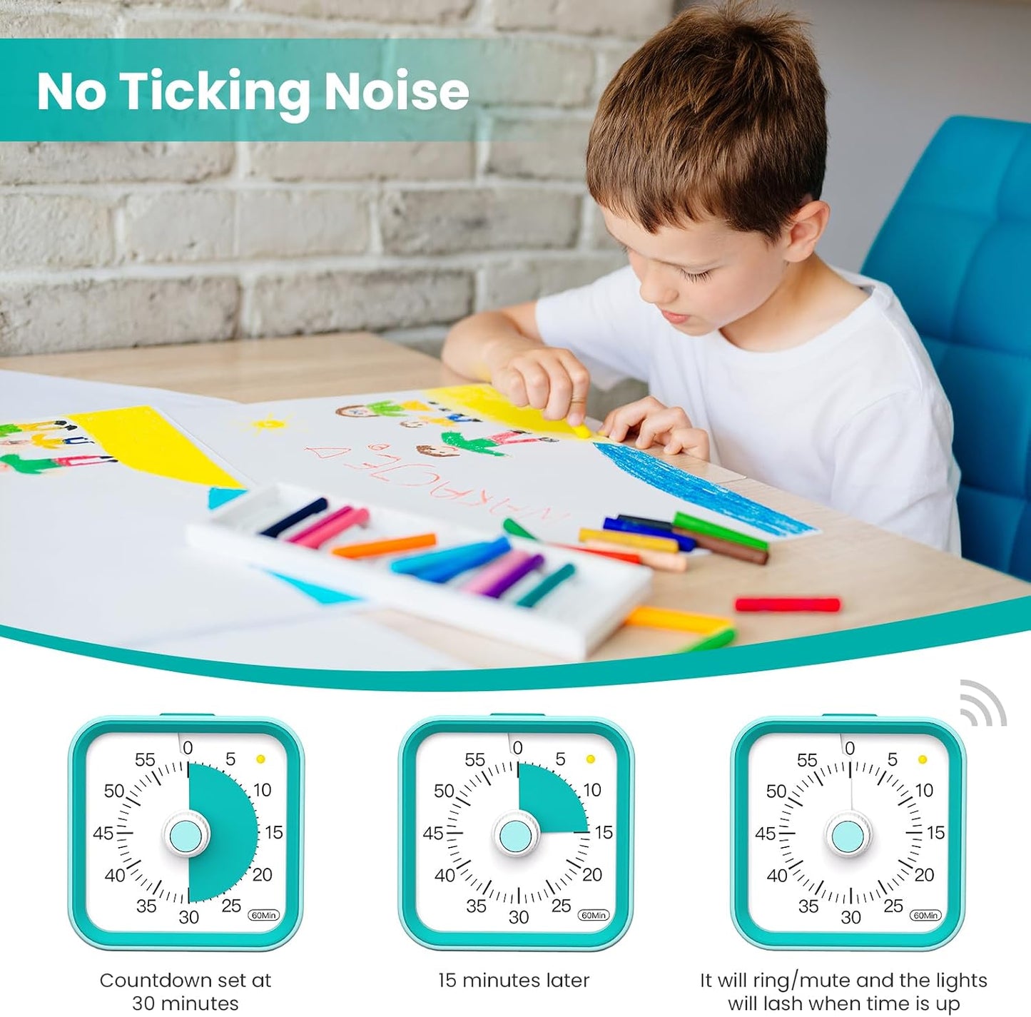 Visual Timer for Kids with Pause Function, 60 Minute Countdown Timer for Kids Desk Study, Teaching, Kitchen Cooking, Office Meetings, Time Management for ADHD (White)