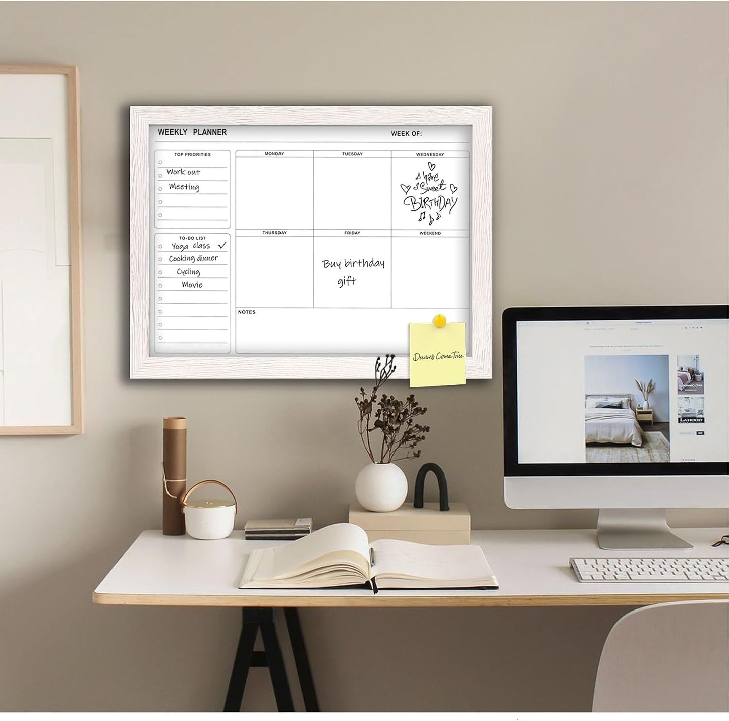 White Board Weekly Calendar Dry Erase Planner for Wall-16"X12",Black Solid Wood Frame,Minimal/Modern Design, Magnetic Whiteboard Planner for to Do List, Memo, School, Home, Office, Kitchen