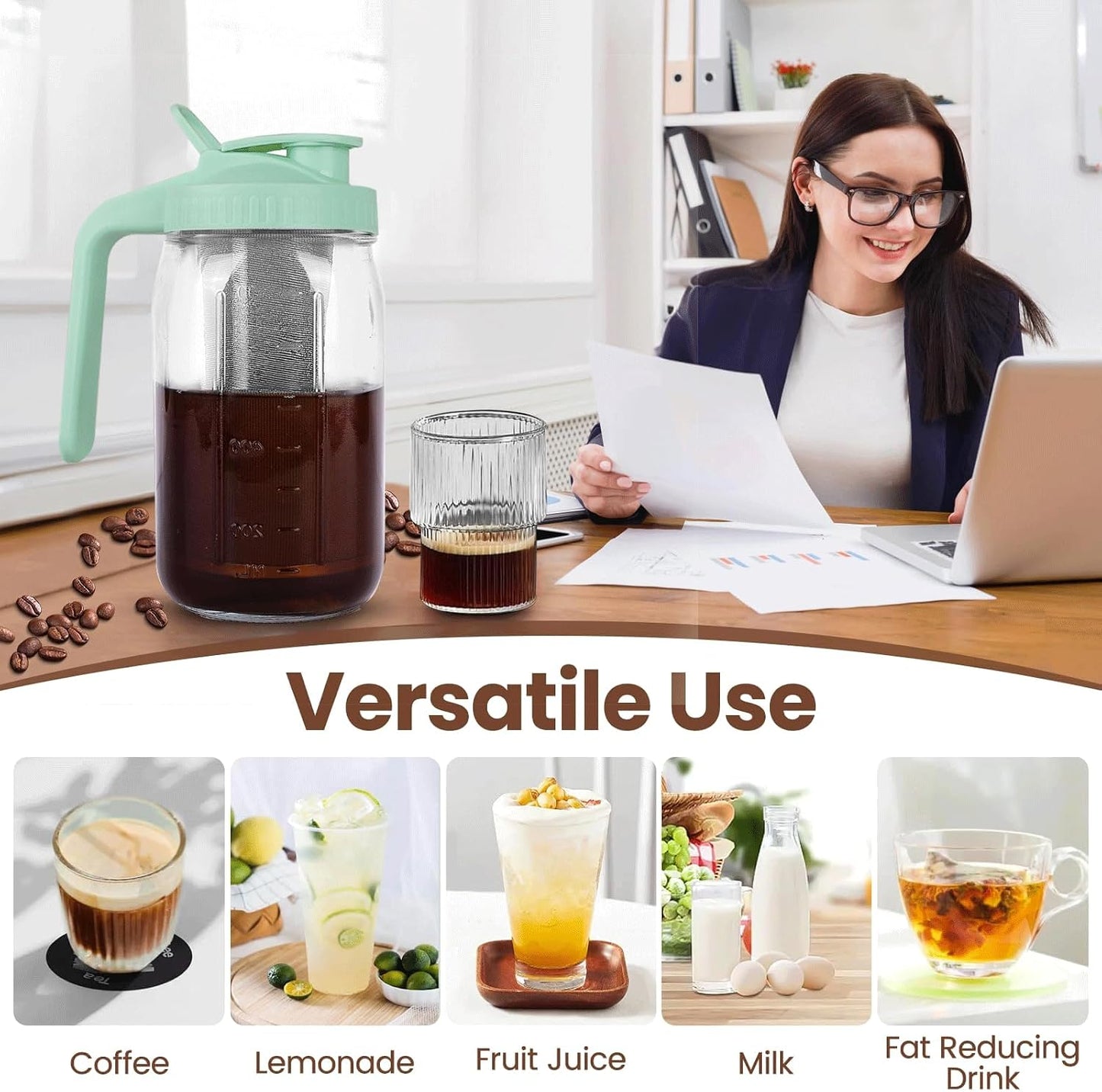 Cold Brew Coffee Maker,64 oz Mason Jar Pitcher with Stainless Steel Filter, Pour Spout Handle Lid, Heavy Duty Glass Airtight & Leak-Proof for Iced Coffee,Tea & Lemonade