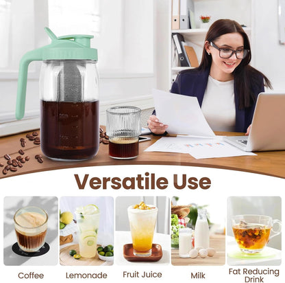Cold Brew Coffee Maker,64 oz Mason Jar Pitcher with Stainless Steel Filter, Pour Spout Handle Lid, Heavy Duty Glass Airtight & Leak-Proof for Iced Coffee,Tea & Lemonade