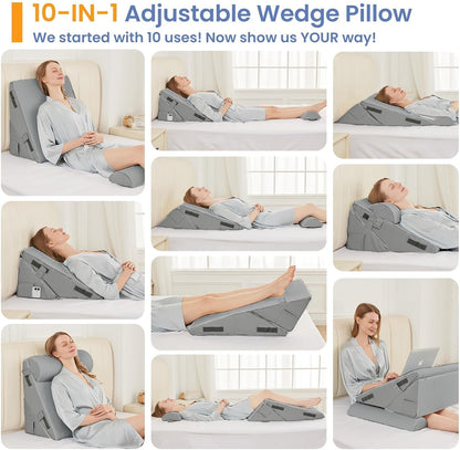 Sasttie Wedge Pillow Set for After Surgery, 2PCS Adjustable Bed Wedge Pillow Headboard with Memory Foam Neck Cushion – for Acid Reflux, Sleeping, Neck & Back Support, Dark Grey & White