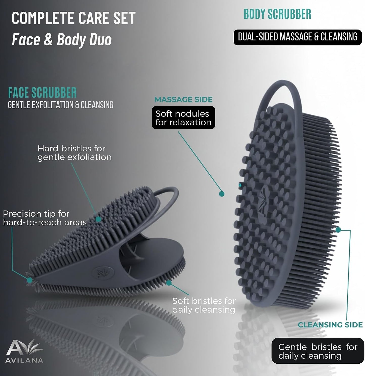 Avilana Premium Silicone Body Scrubber - Trusted Since 2017 - SGS Certified Food Grade Dual Sided Bath Brush, Quick-Dry Exfoliating Loofah Alternative, Massage Brush Sensitive Skin Women Men