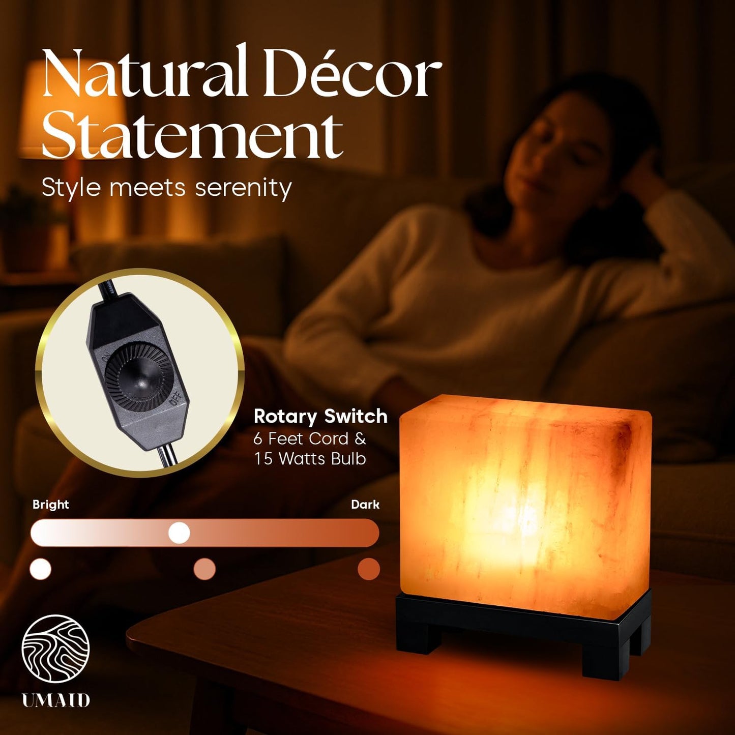 UMAID Himalayan Salt Lamp 8–10"(7–11 lb) Dimmable Pink Rock Salt Lamp with Wooden Base & Night Light Bulb, Spa Decor for Meditation Room, Massage Stones Ambiance, Desk & Bedroom,Gifts for Men & Women