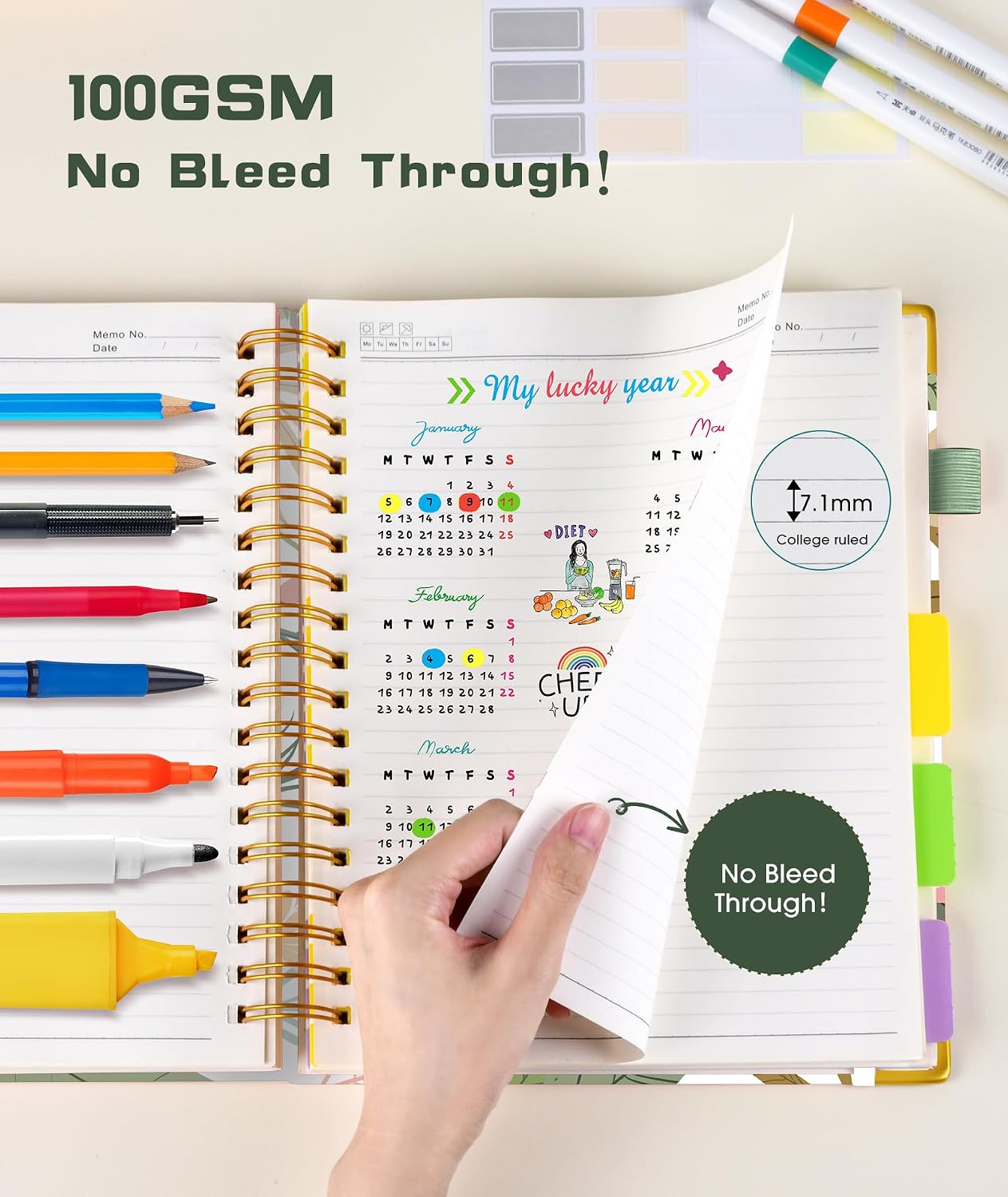 Hardcover Spiral Notebook journal with Removable Dividers Tabs, 300 Pages Leather 5 Subject Notebook College Ruled, 8"x10" Large B5 Notebooks for Work School Note taking, Lined Journal for Women,Black