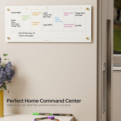 Black Glass Golden Weekly Dry Erase Calendar & Menu Whiteboard for Wall, Meal Planning & Grocery Shopping List White Board for Kitchen & Home, 15x11, 4 Wet Erase Markers Included, Yeoux