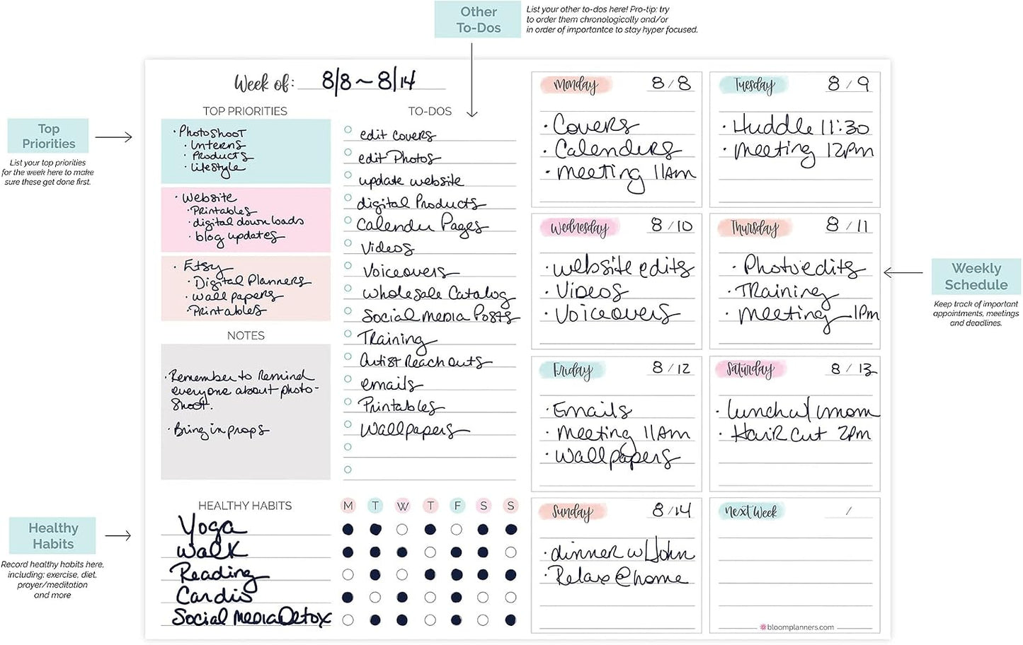 bloom daily planners Horizontal Weekly To Do List Notepad with 60 Undated Sheets - Weekly Desk Planner or Chore Pad with Priorities & Habit Tracker - 8.5” x 11” - Pastel