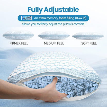 QUTOOL Double Sided Cooling Pillow for Hot Sleepers, Shredded Memory Foam Pillows Queen Size Set of 2, Adjustable Soft & Firm Gel Bed Pillow for Side, Back, Stomach Sleepers