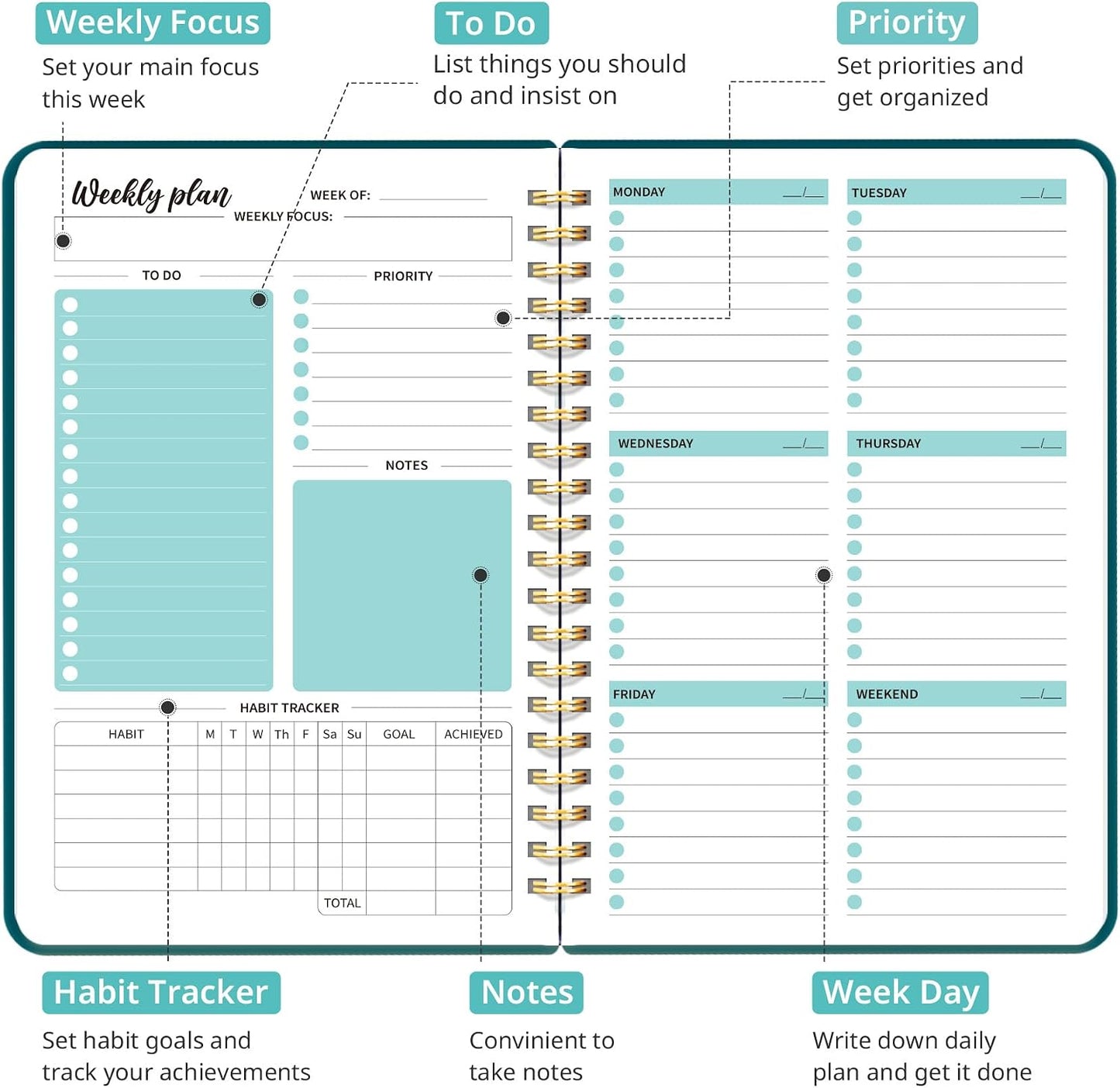 Taja Undated Weekly Planner, Weekly To Do List Notebook with Goal & Habit Tracker Organizer, A5 Weekly Planner Notebook with Spiral Binding, 6.1" x 8.2" - Green